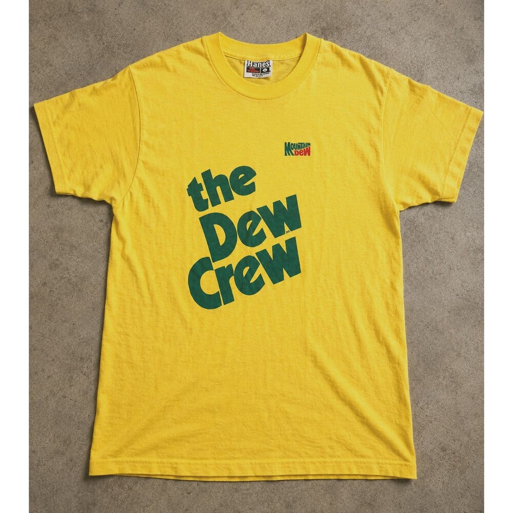 Vintage Mountain Dew Dew Crew T Shirt USA Made Hanes Yellow Tee M